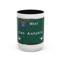 San Antonio I-10 West Road Sign Mug — Two-Tone Accent Coffee Cup